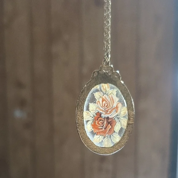 1928 Victorian Revival Transparent Roses Floral Pendant Necklace - Picture 10 of 14